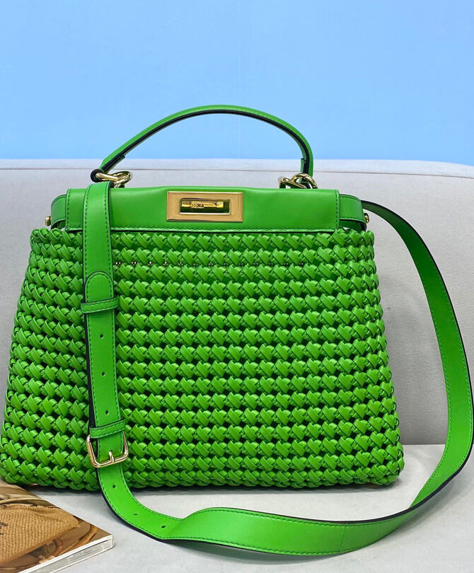 Fendi Peekaboo Braided Leather Bag 8BN210 Coffee Green